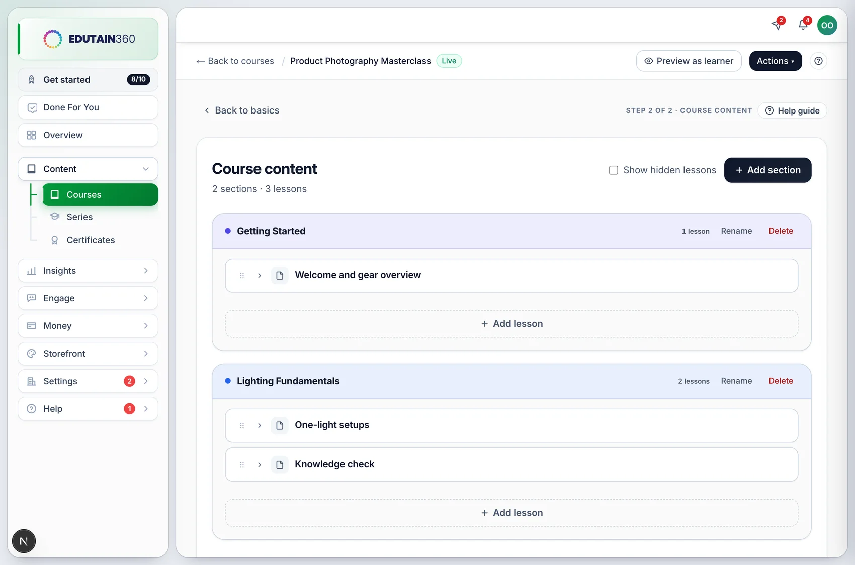 The Learn 360 course builder with sections, lessons and activities